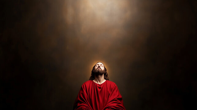 disciple of Jesus christ looking up in prayer into devine light