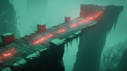 Ethereal Stone Bridge Glowing With Crimson Light In A Mystic Landscape