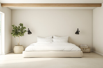 Modern minimalist bedroom design featuring a large bed and natural decor elements
