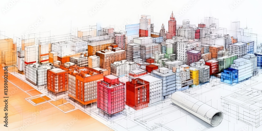 Aufkleber a colorful architectural sketch of a cityscape, showcasing various buildings and structures in a vib