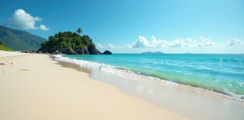 Obraz premium Beach scene with island in distance at low tide, clear sky, ocean, tropical paradise
