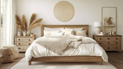 Minimal bedroom design, cozy bed with layered textures, light-toned furniture with coastal flair, blank mock-up wall enhancing simplicity, wide-angle front-facing view 