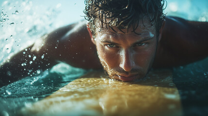 A man lying on a surfboard, his determined gaze locked on the camera in a close-up shot, ready to conquer the ocean and its waves
