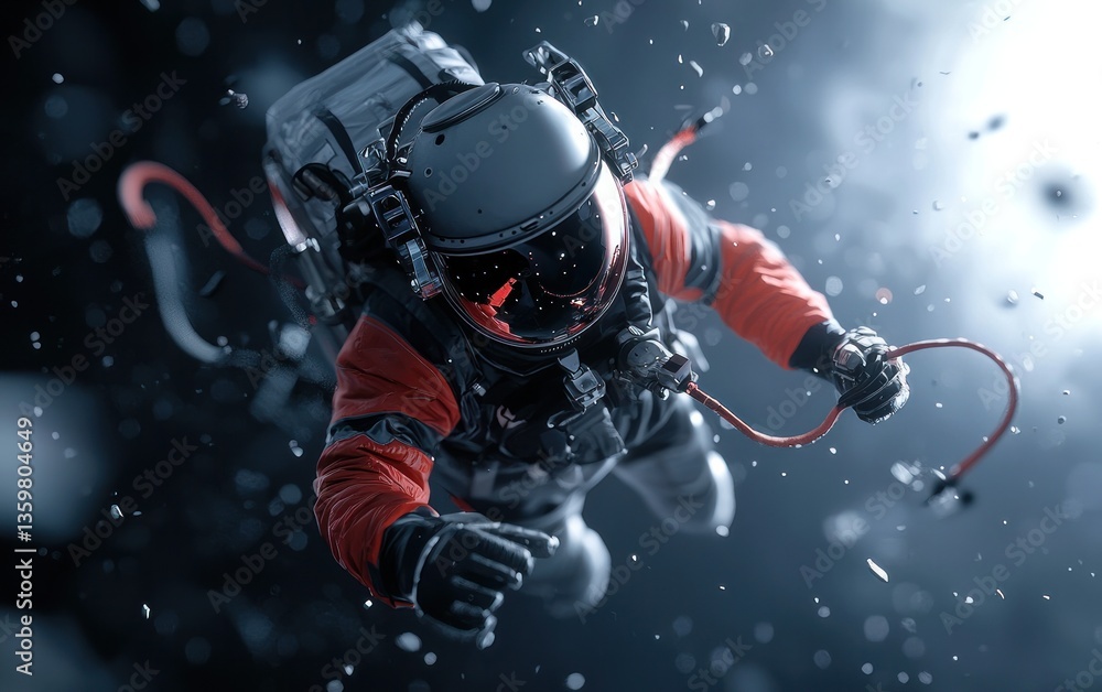 Poster astronaut in a damaged spacesuit floats in dark space, surrounded by debris. dramatic lighting and p