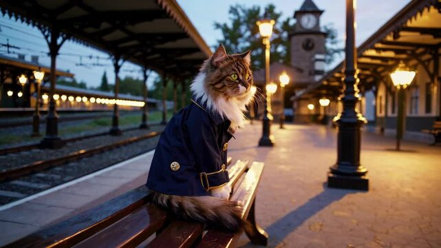 Majestic cat in train station offers curious glances amid dusk ambiance. 4k stock footage