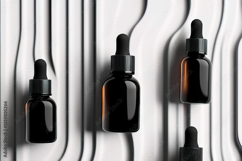 Poster Elegant black dropper bottles arranged on textured wavy background