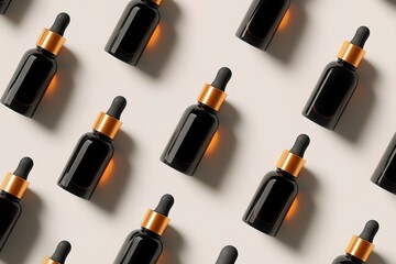 Elegant presentation of dark glass dropper bottles arranged in harmony
