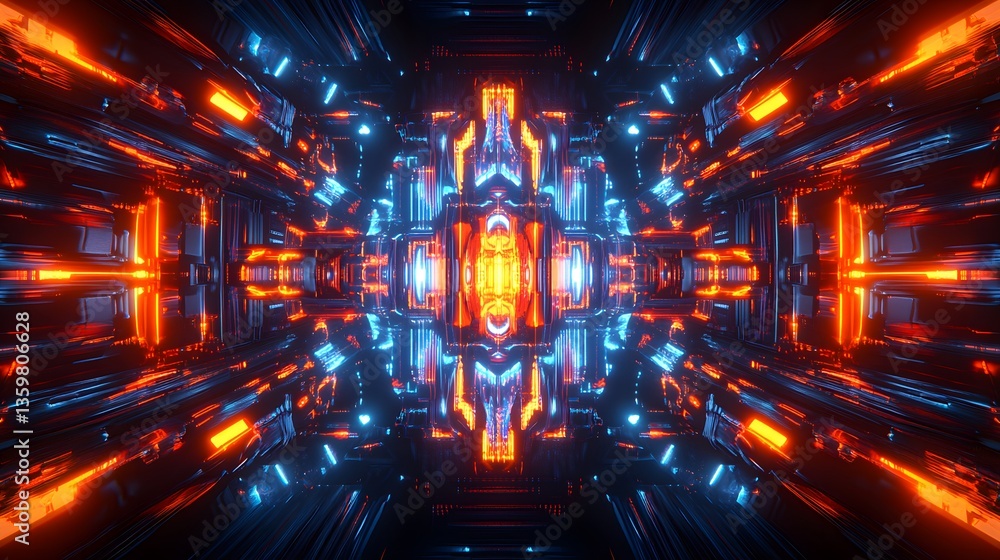 Aufkleber a futuristic symmetrical tunnel with neon lights and complex structures