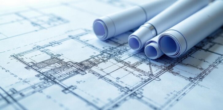 Blueprint photo effect with architectural plans, office layouts plans , construction plans