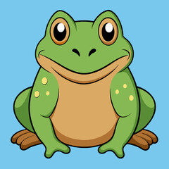 Cute Cartoon Frog: A charming cartoon frog with big endearing eyes and a bright green body sits patiently against a pale blue backdrop, its innocent gaze inviting viewers to smile.