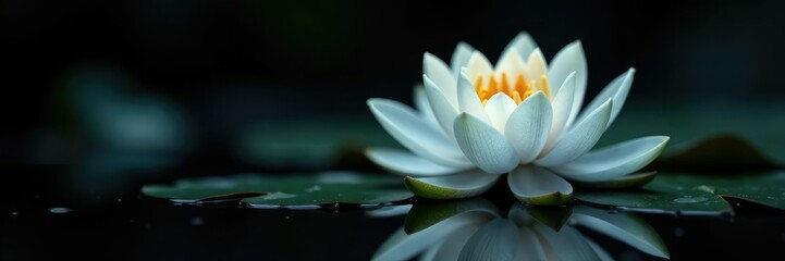 Obraz premium Water lily with delicate white petals on black background, reflection, night, flower