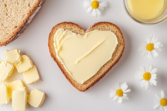 Heart-shaped slice of bread with butter on white background surrounded by butter cubes, flowers and juice. Studio food composition. Love breakfast and Valentine's Day concept. 