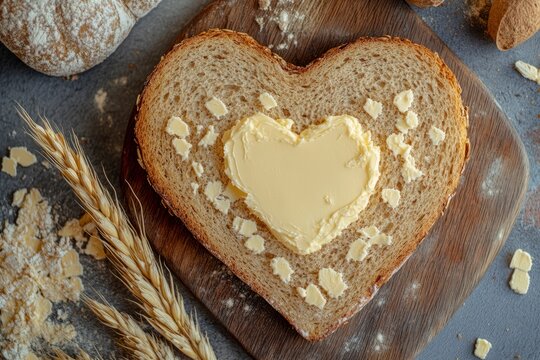 Heart-shaped slice of whole wheat bread with heart-shaped butter spread on wooden board surrounded by flour and wheat stalks. Studio food composition. Love breakfast and Valentine's Day concept.