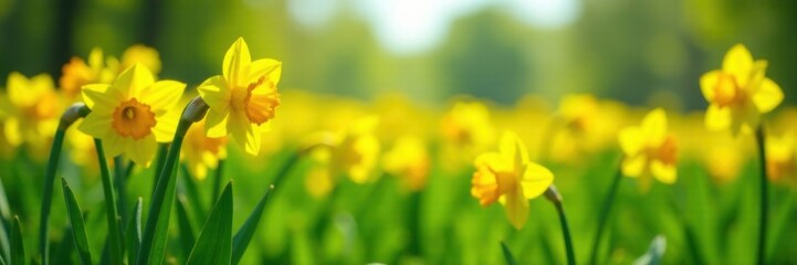 Bright yellow daffodil flowers sway gently in a lush green field on a sunny day, flowers, field