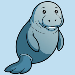 Cartoon Manatee: A charming cartoon depiction of a manatee, the gentle sea cow, illustrated with playful design on a light blue backdrop.