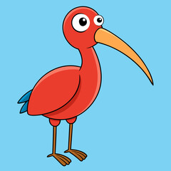 Cute Scarlet Ibis Cartoon: A charming cartoon illustration of a scarlet ibis, showcasing its vibrant red plumage, long, slender beak, and expressive eyes.