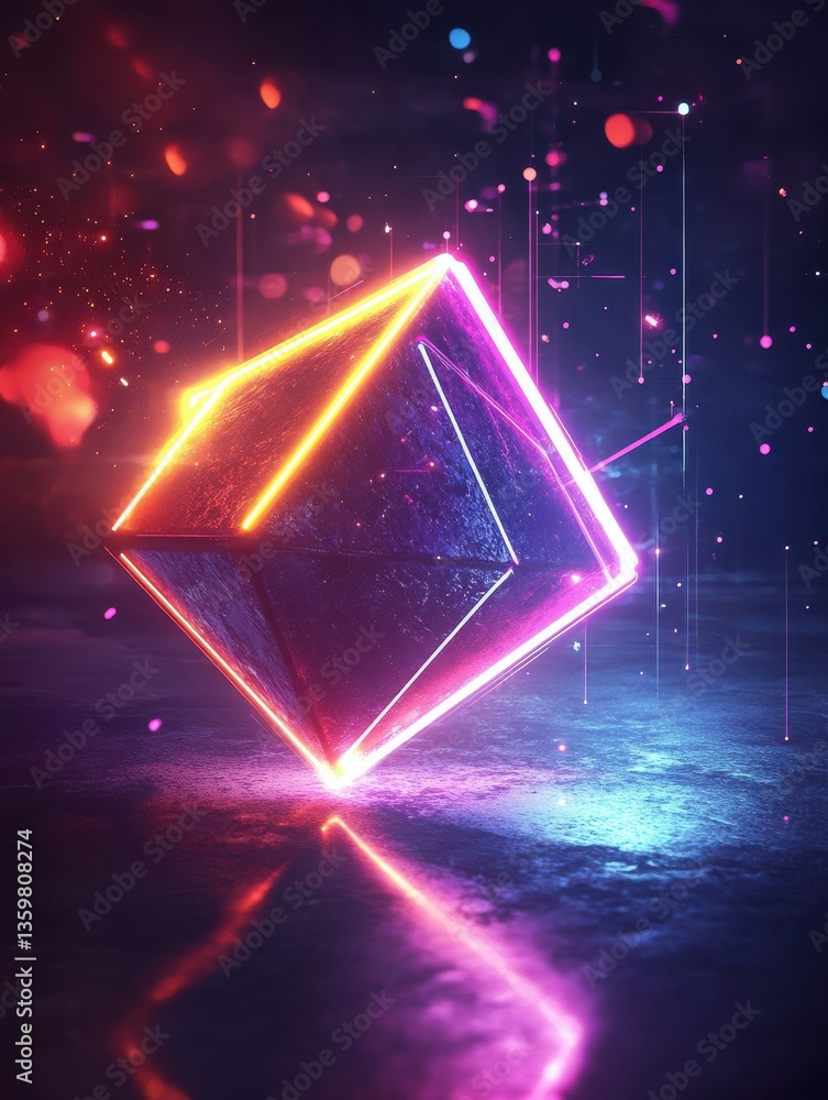 Aufkleber abstract futuristic neon light trail with floating cube and triangle on dark background, technology 