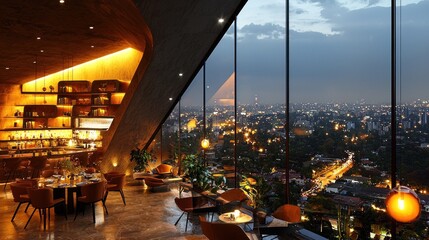 Obraz premium Exclusive dining experience with panoramic city vistas at twilight hour