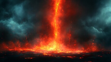 Fiery vortex descends dramatically dark stormy sky intense fiery orange hues. AI Generated
