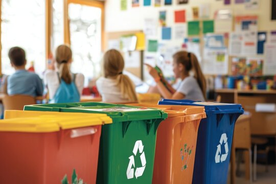 Colorful recycling bins in classroom with children learning about waste sorting, promoting sustainability, environmental education and responsibility. Copy space