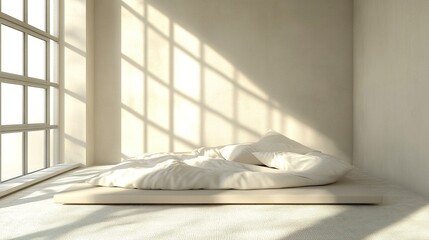 Minimalist modern bedroom, low platform bed, soft neutral tones, clean decor, natural light enhancing the serene and airy atmosphere, corner perspective wide shot.  