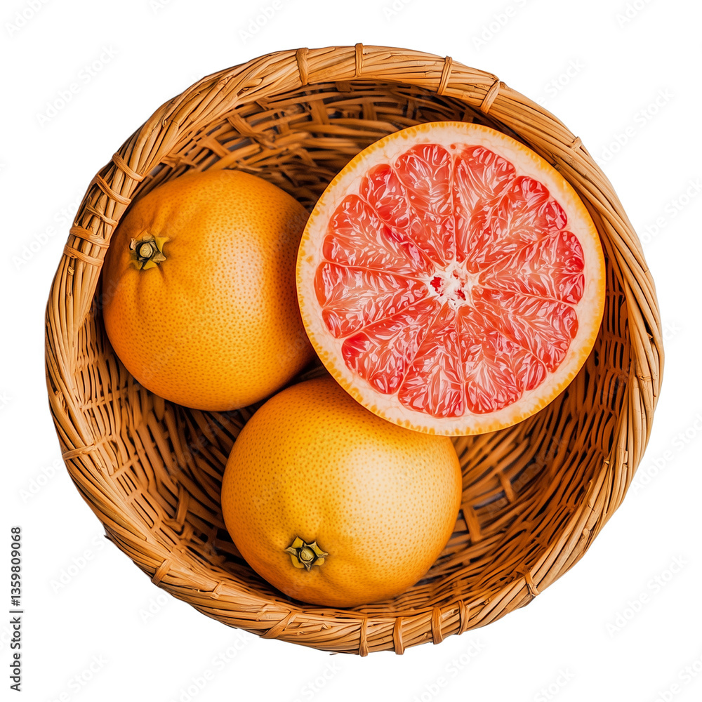 Poster A top view of a woven basket containing whole oranges and a halved grapefruit, showcasing vibrant colors and textures. isolated on white background and transparent background