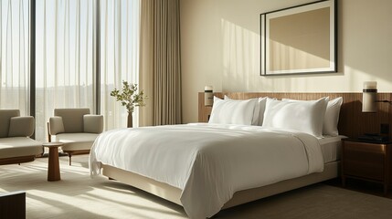 Minimalist modern design, soft bedding in muted colors, sleek furniture, bright natural light streaming through large windows, serene and open layout, corner wide-angle view. 