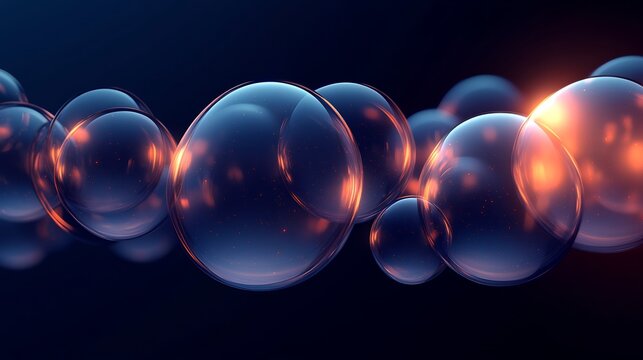 Abstract glowing spheres elegantly arranged dark blue orange light. AI Generated