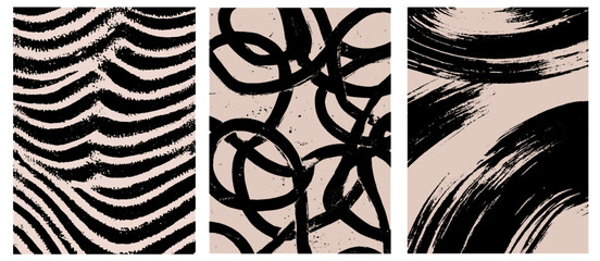 Abstract brush paint background set. Vintage grunge texture. Retro vector poster collection with geometric patterns and distressed details