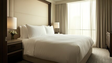 Fototapeta premium Modern bedroom, crisp white bedding on a king-size bed, bedside table with a lamp, neutral decor, bright and airy, wide-angle doorway shot. 