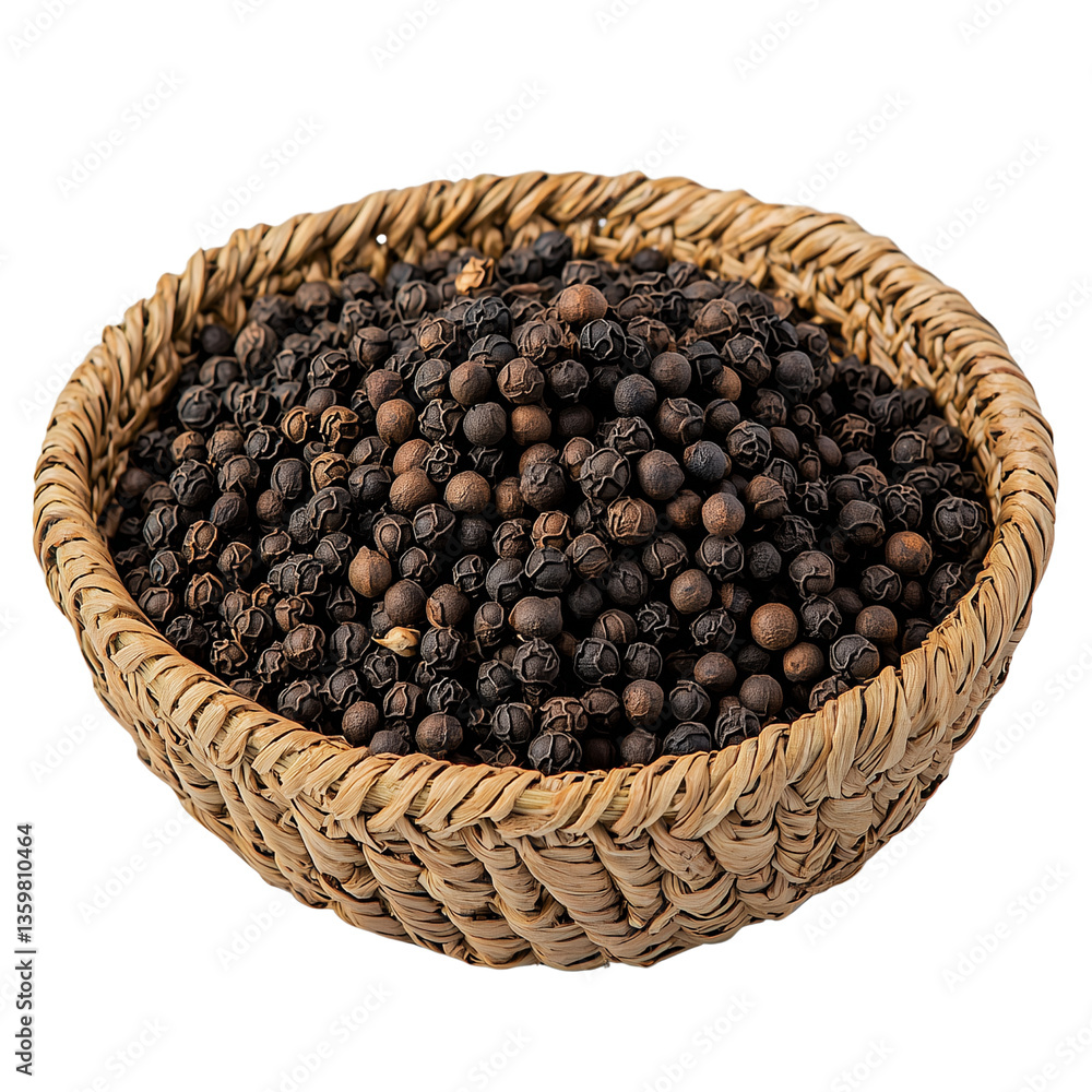 Poster a woven basket filled with black peppercorns set highlighting the texture and color of the spices. i