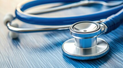 Close-up of a blue stethoscope on a textured surface emphasizing medical care