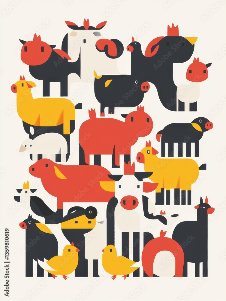 Leinwandbilder vibrant geometric illustration featuring cows pigs and chickens in a colorful farm setting with mini