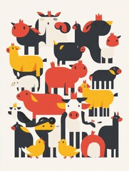 Vibrant geometric illustration featuring cows pigs and chickens in a colorful farm setting with minimalist design Generative AI