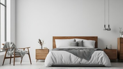 Modern bedroom furniture, platform bed with low height, functional nightstands, minimalist dresser with ample storage, isolated on white backdrop, wide-angle front shot.  