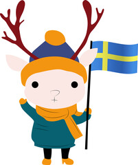 A cartoon character of a reindeer wearing a Lapland herders outfit, holding the Sweden flag copy