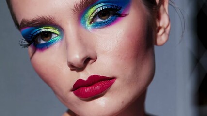 Vivid eye makeup transformation: closeup beauty expressions with bold colors. 4k stock footage