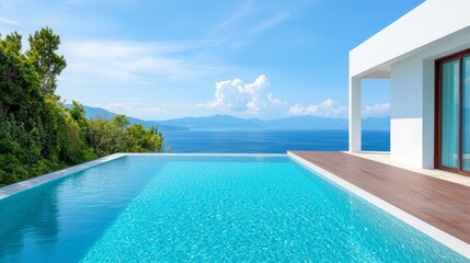 Fototapeta premium Luxury modern villa with infinity pool overlooking ocean coastal paradise real estate photography bright daylight scenic view tranquil retreat