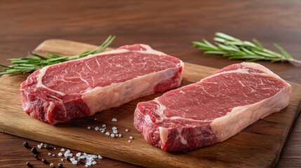Premium Raw Beef Steaks Displayed on Wooden Board with Fresh Herbs and Spices