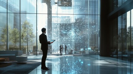 Businessman using tablet with hologram network overlay in futuristic modern office space