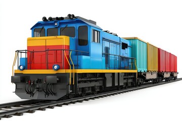 Fototapeta premium Colorful freight train engine pulling multiple cargo containers on railway tracks