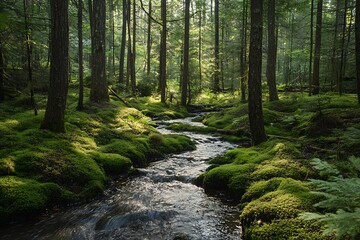 Fototapeta premium realistics spotlight quiet blend of gleam and dusk in a tranquil spot of a mossy forest ground with a mild brook passing through 