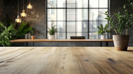 Fototapeta premium Wooden Tabletop in a Modern Loft Apartment with Blurred City View