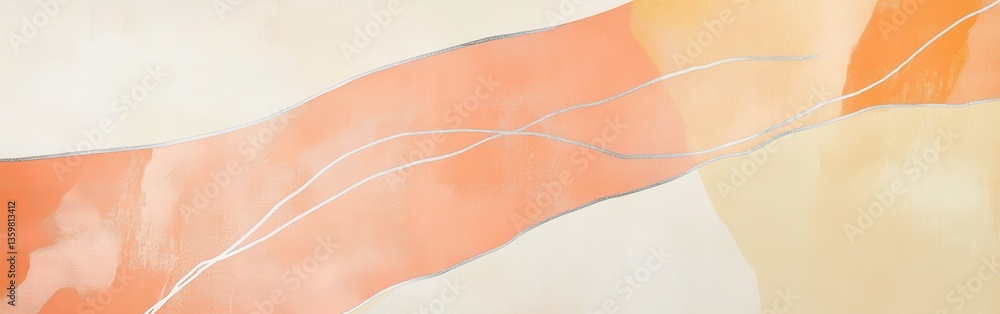 Poster muted ochre and coral strokes create a soft, abstract landscape with delicate linear details