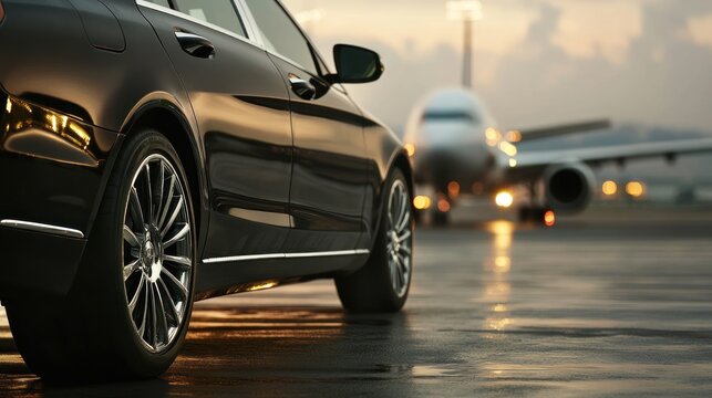 Luxury Car and Airplane at Sunset