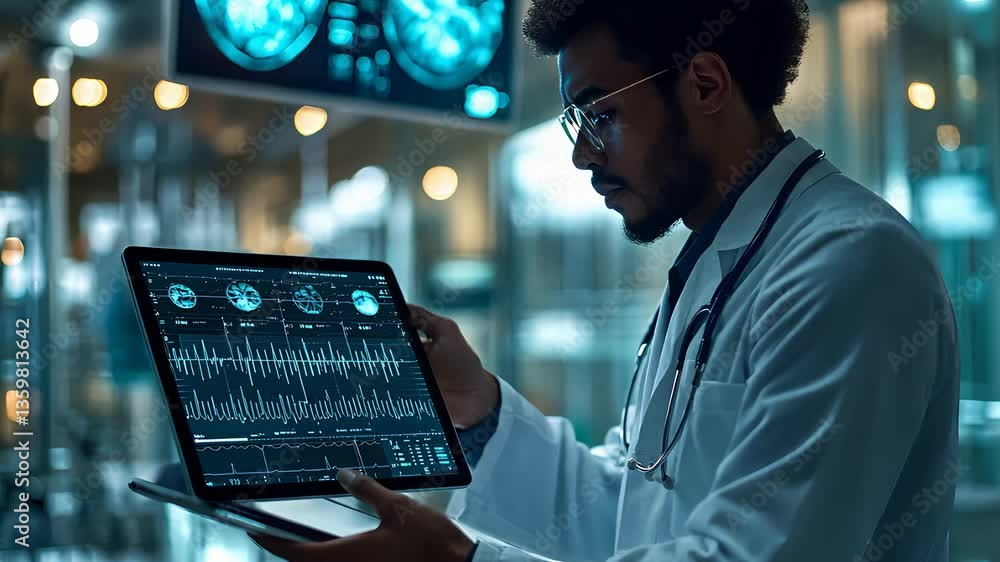 Aufkleber doctor analyzing patient data on digital tablet in high-tech medical lab with charts and brain scans
