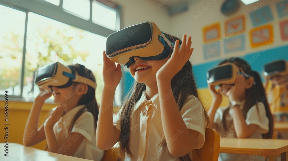 Wall mural children in a bright classroom using vr headsets, smiling and learning in an interactive virtual wor