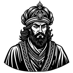 Fototapeta premium King in Crown: Majestic portrait of a king with a crown and long hair, depicted in a regal style.