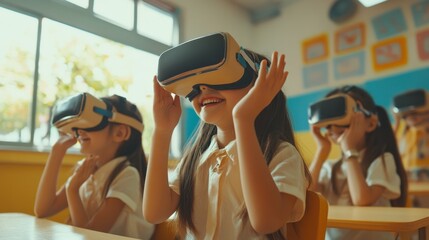 Children in a bright classroom using VR headsets, smiling and learning in an interactive virtual world