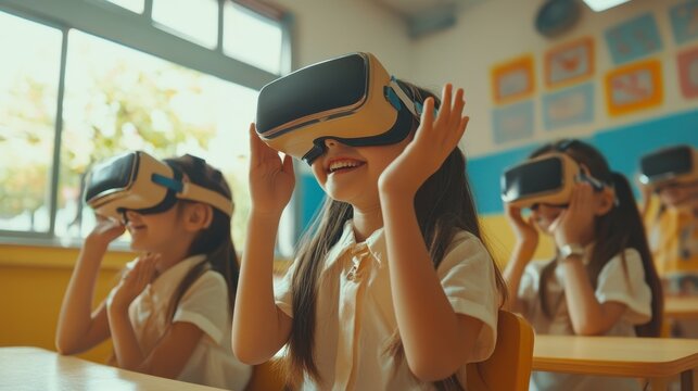 Children in a bright classroom using VR headsets, smiling and learning in an interactive virtual world